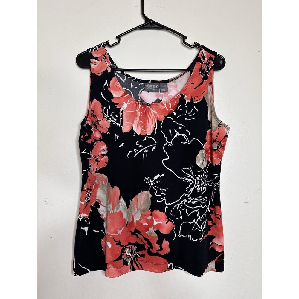 Additions By Chicos Size 2 US 12 Black Pink Floral Slinky Tank Top Liquid Knit